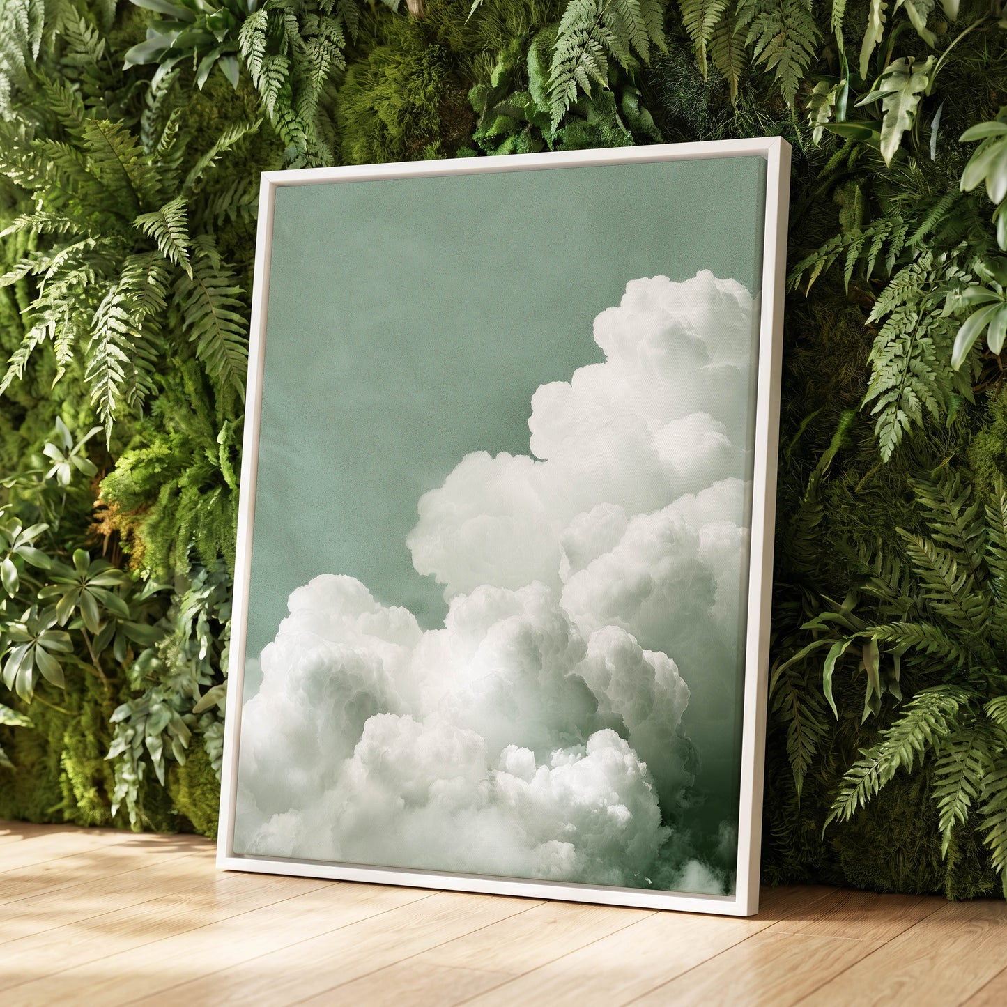 Quiet Cloudrise, green, white, gray nature wall art displayed in a styled interior, gallery view 4