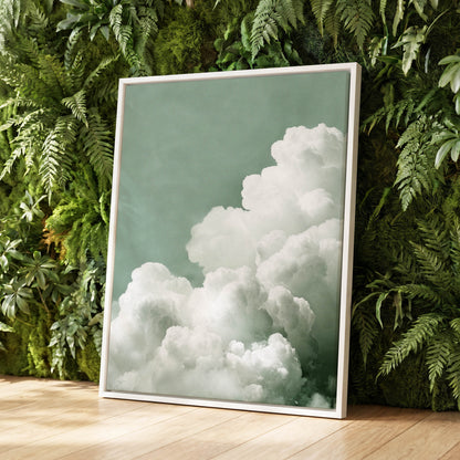 Quiet Cloudrise, green, white, gray nature wall art displayed in a styled interior, gallery view 4