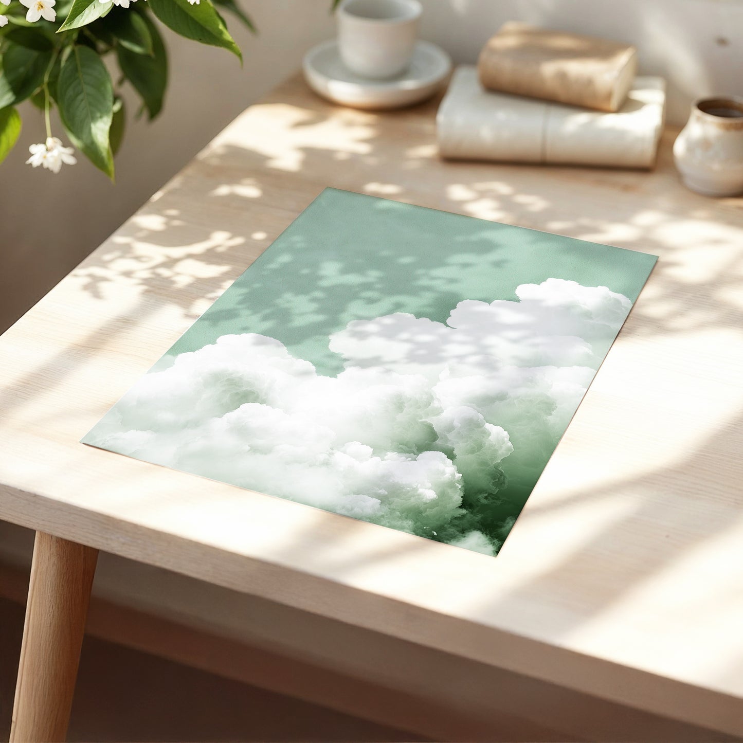 Quiet Cloudrise, green, white, gray nature wall art displayed in a styled interior, gallery view 5