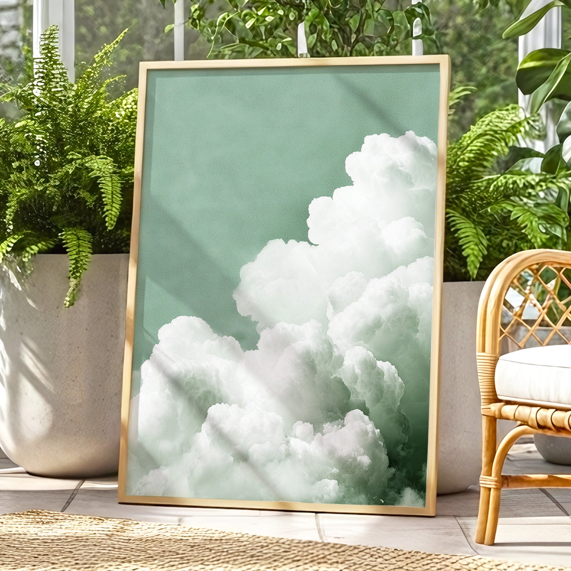 Quiet Cloudrise, green, white, gray nature wall art displayed in a styled interior, gallery view 6
