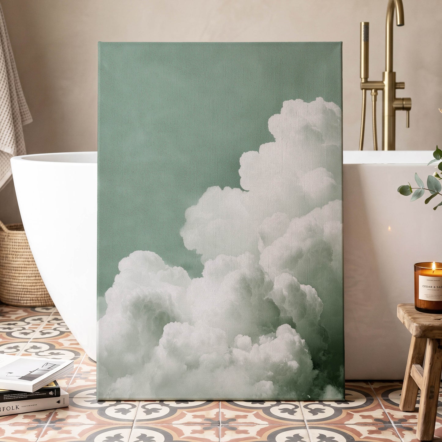 Quiet Cloudrise, green, white, gray nature wall art displayed in a styled interior, gallery view 7