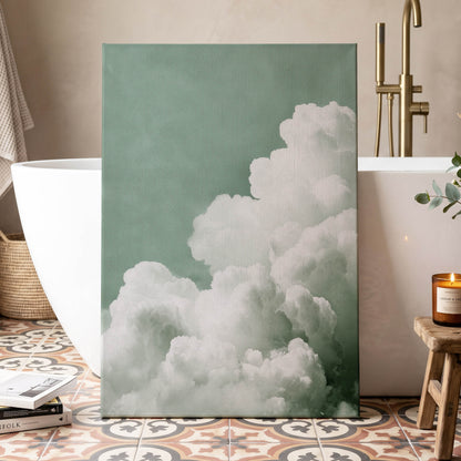 Quiet Cloudrise, green, white, gray nature wall art displayed in a styled interior, gallery view 7