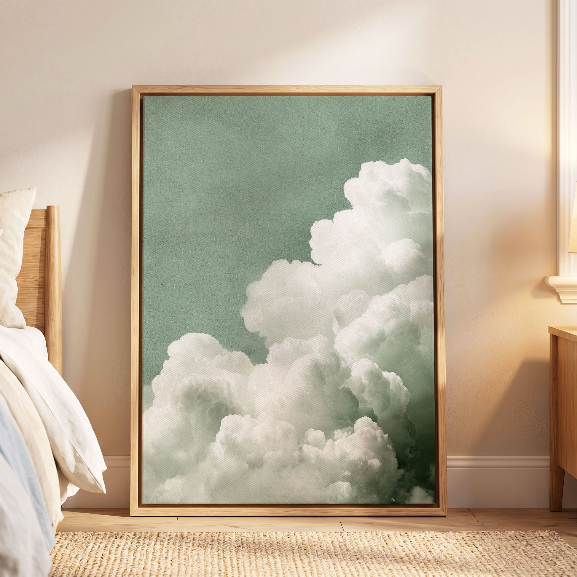 Quiet Cloudrise, green, white, gray nature wall art displayed in a styled interior, gallery view 8