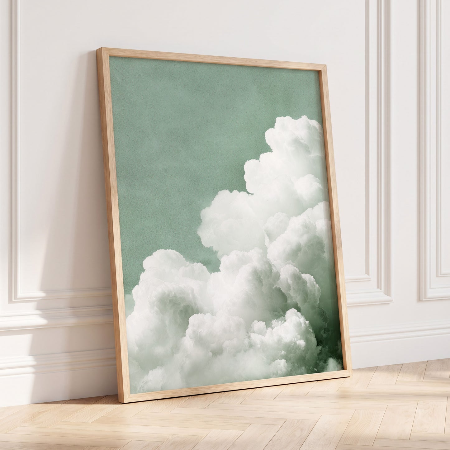 Quiet Cloudrise, green, white, gray nature wall art displayed in a styled interior, gallery view 9