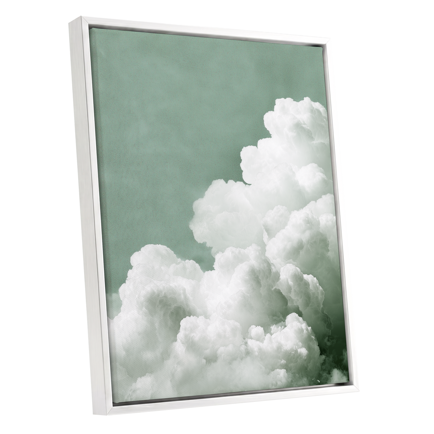 Quiet Cloudrise, green, white, gray nature wall art shown as a white framed canvas wall art
