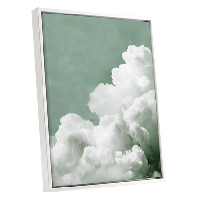 Quiet Cloudrise, green, white, gray nature wall art shown as a white framed canvas wall art