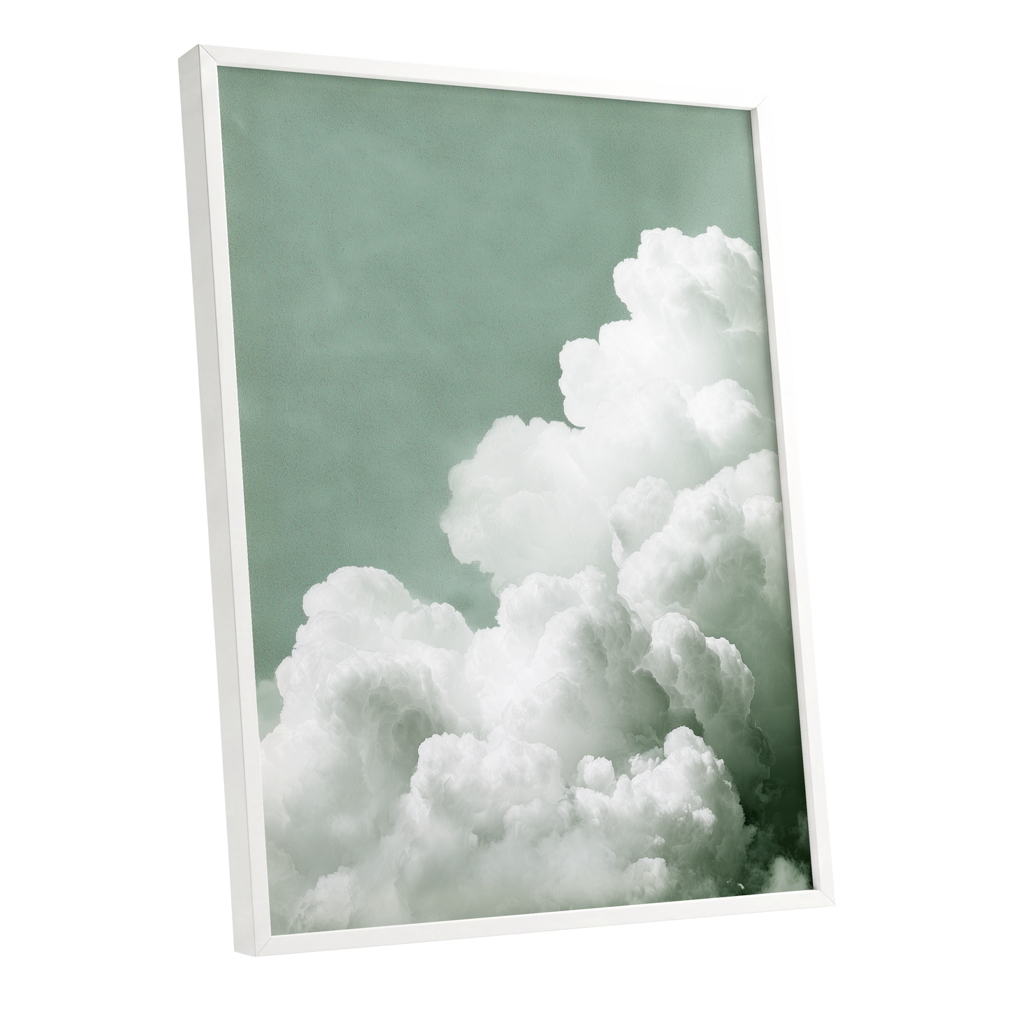 Quiet Cloudrise, green, white, gray nature wall art shown as a white framed poster wall art print