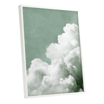 Quiet Cloudrise, green, white, gray nature wall art shown as a white framed poster wall art print