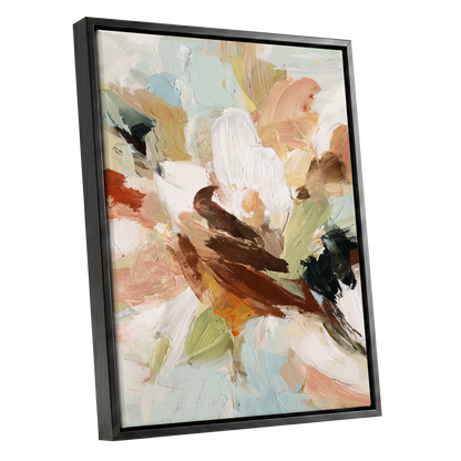 Quiet Collision, white, beige, brown abstract wall art shown as a black framed canvas wall art