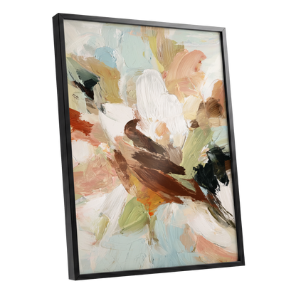 Quiet Collision, white, beige, brown abstract wall art shown as a black framed poster wall art print