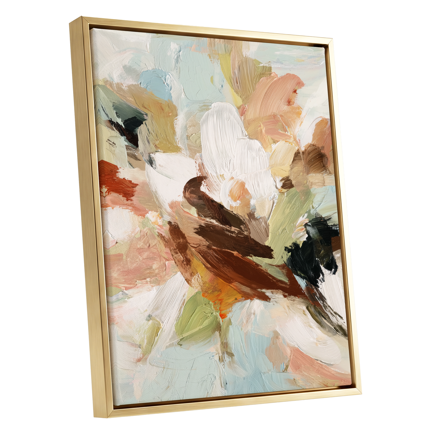 Quiet Collision, white, beige, brown abstract wall art shown as a gold framed canvas wall art