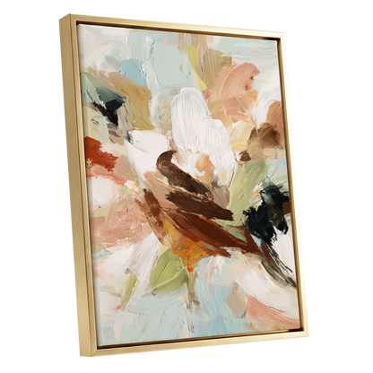 Quiet Collision, white, beige, brown abstract wall art shown as a gold framed canvas wall art