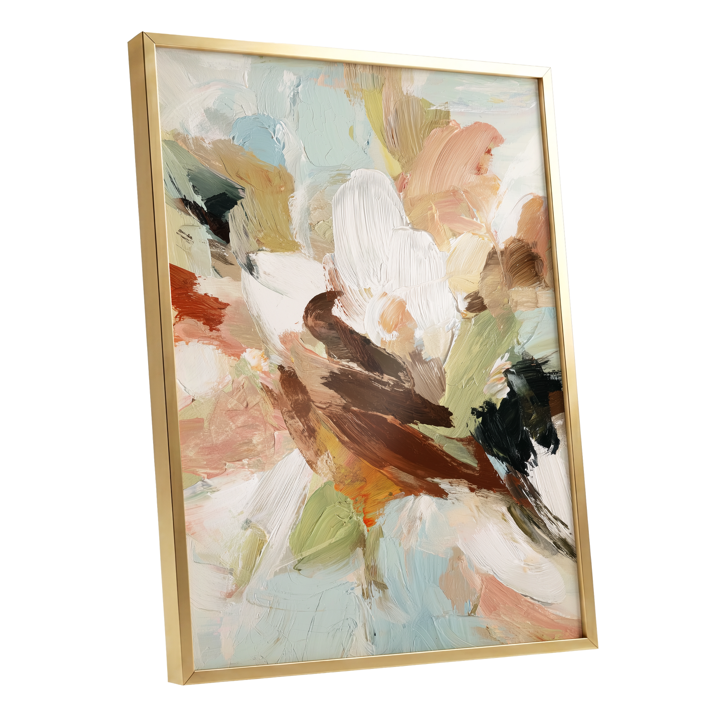 Quiet Collision, white, beige, brown abstract wall art shown as a gold framed poster wall art print