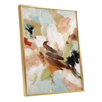 Quiet Collision, white, beige, brown abstract wall art shown as a gold framed poster wall art print