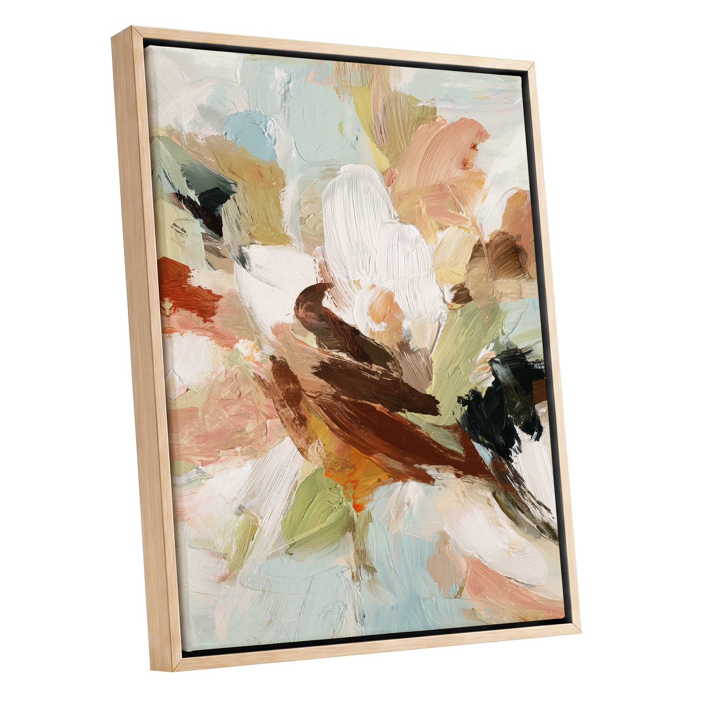 Quiet Collision, white, beige, brown abstract wall art shown as a oak framed canvas wall art