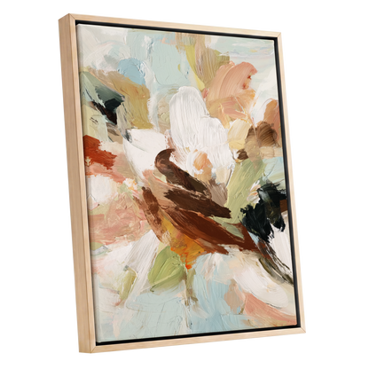 Quiet Collision, white, beige, brown abstract wall art shown as a oak framed canvas wall art