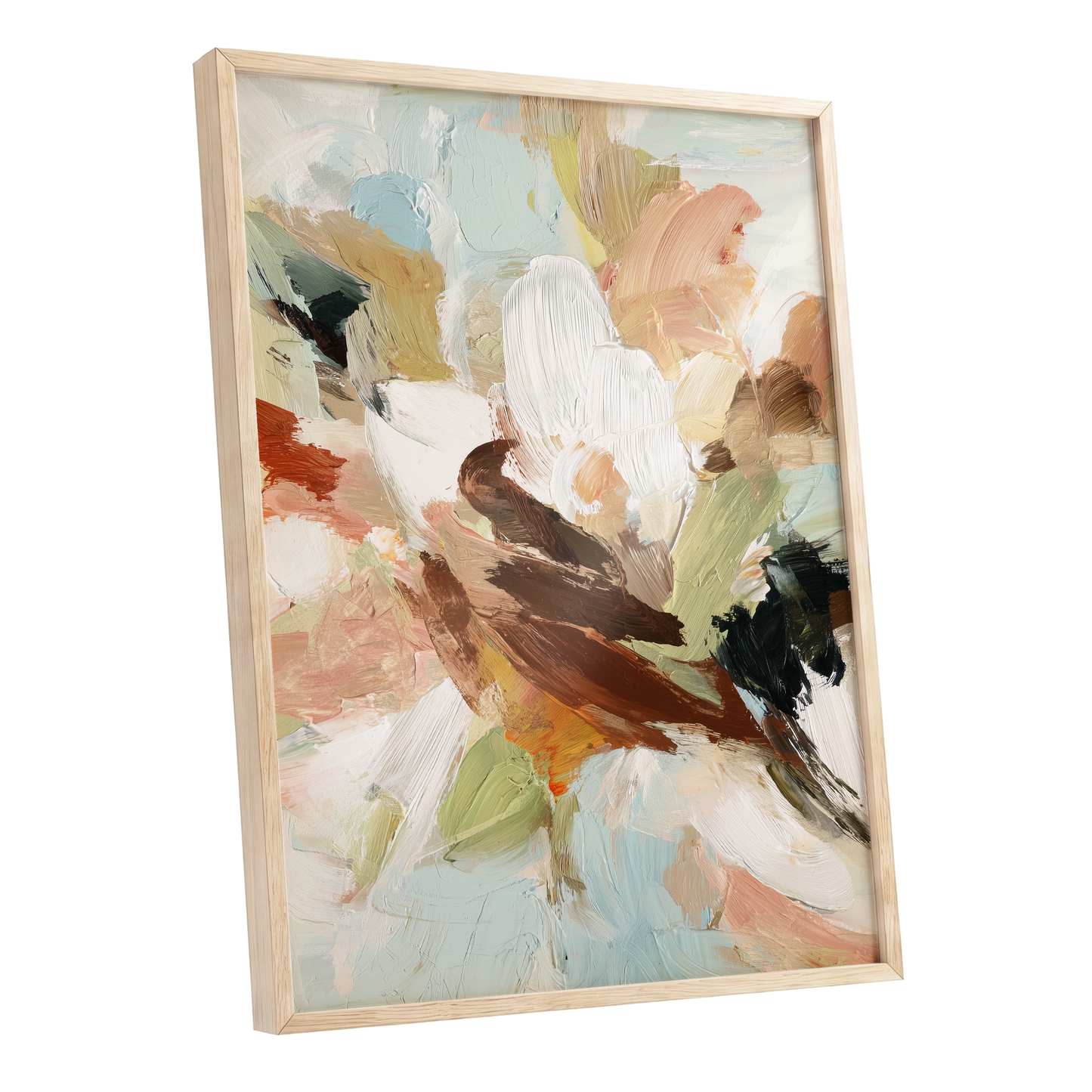 Quiet Collision, white, beige, brown abstract wall art shown as a oak framed poster wall art print