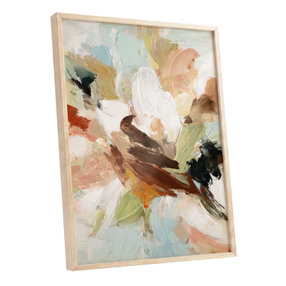 Quiet Collision, white, beige, brown abstract wall art shown as a oak framed poster wall art print