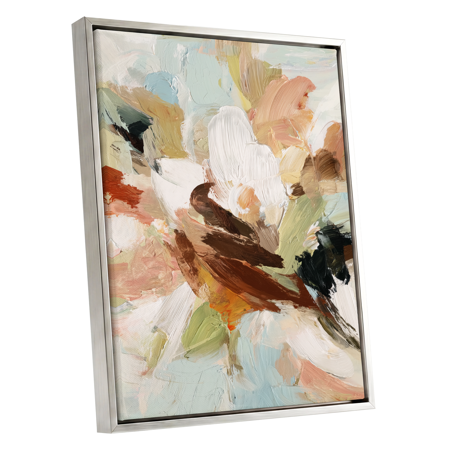 Quiet Collision, white, beige, brown abstract wall art shown as a silver framed canvas wall art