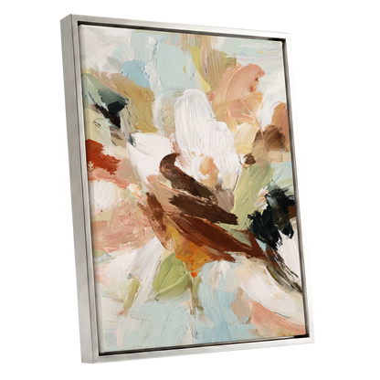 Quiet Collision, white, beige, brown abstract wall art shown as a silver framed canvas wall art