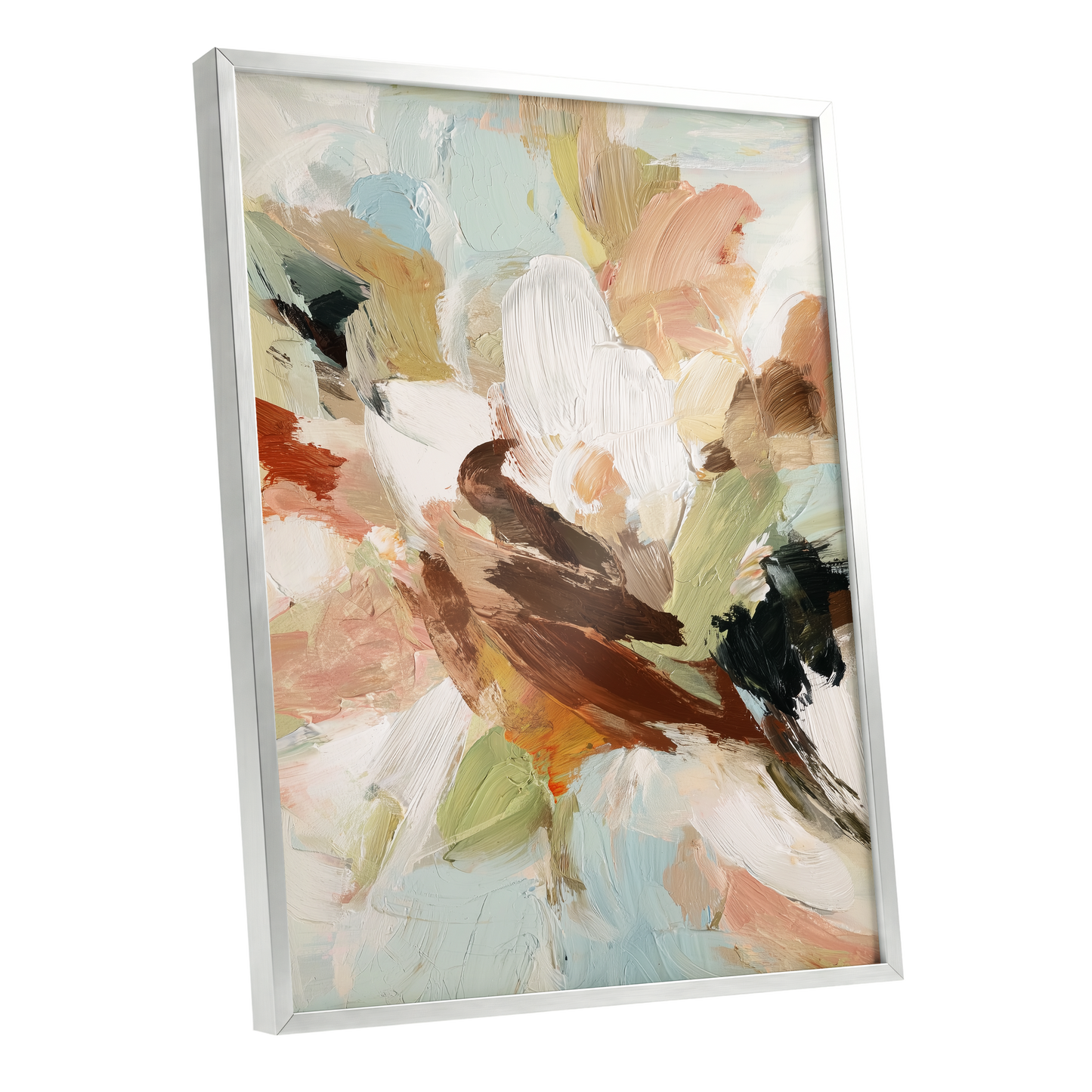 Quiet Collision, white, beige, brown abstract wall art shown as a silver framed poster wall art print