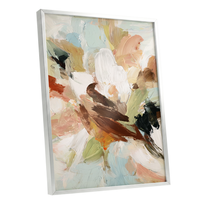 Quiet Collision, white, beige, brown abstract wall art shown as a silver framed poster wall art print