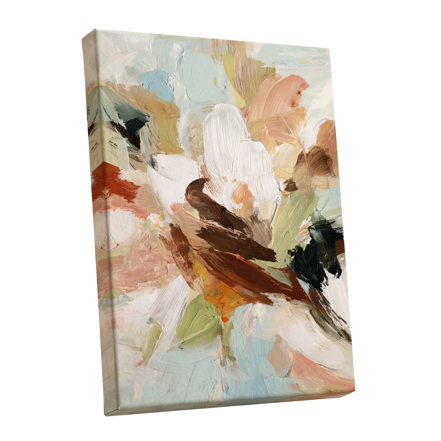 Quiet Collision, white, beige, brown abstract wall art shown as a stretched canvas wall art