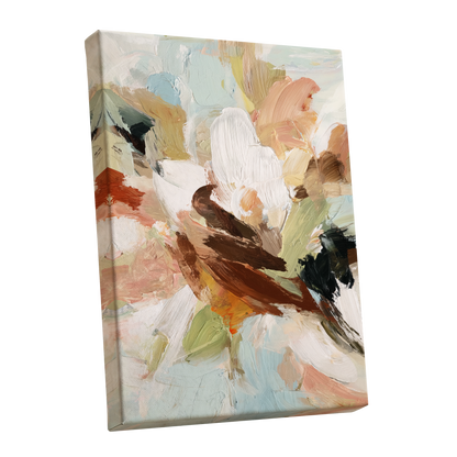 Quiet Collision, white, beige, brown abstract wall art shown as a stretched canvas wall art