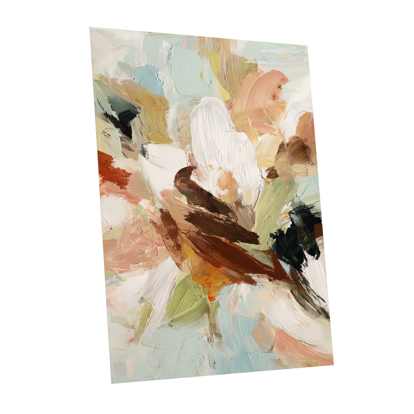Quiet Collision, white, beige, brown abstract wall art shown as a unframed poster wall art print