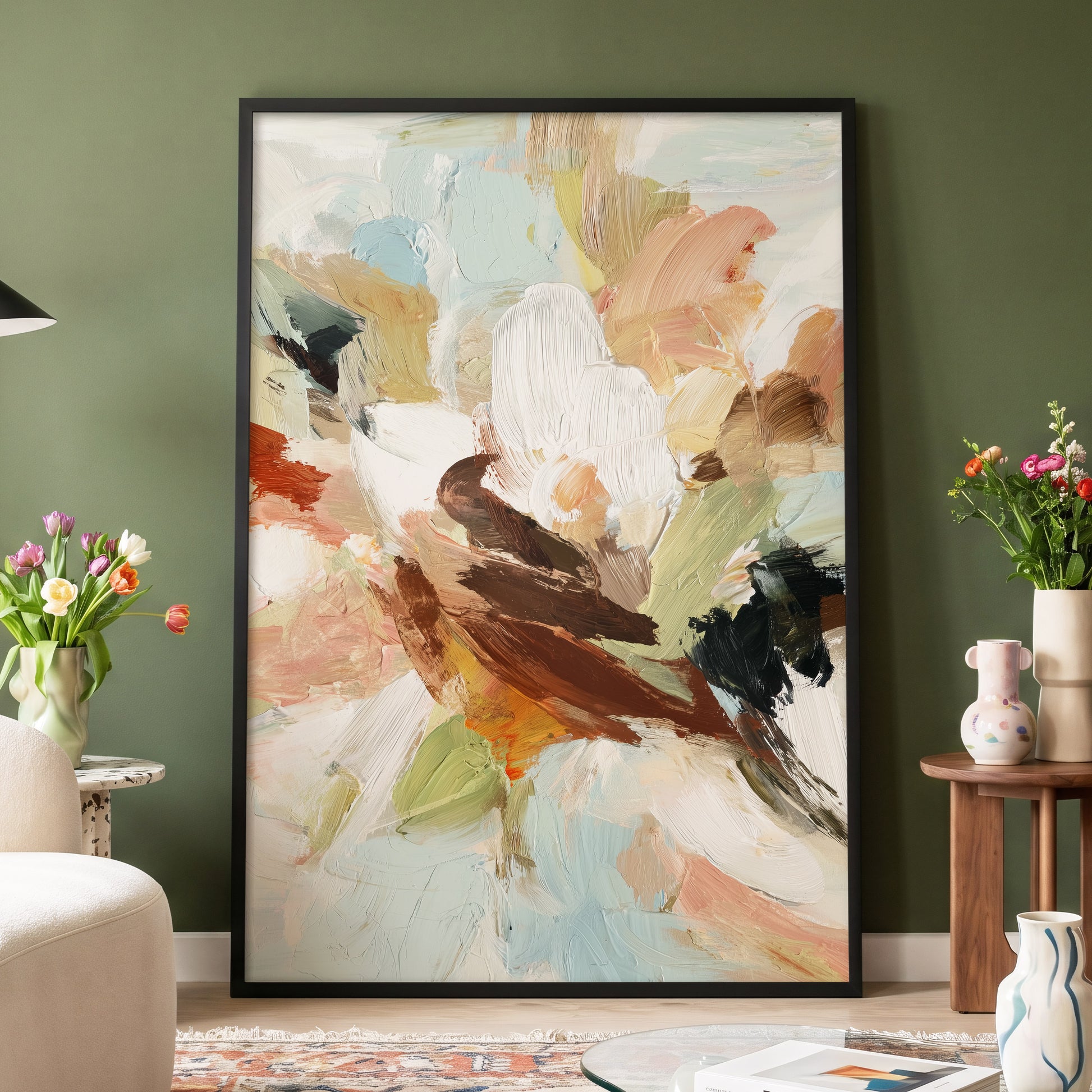 Quiet Collision, white, beige, brown abstract wall art displayed in a styled interior, gallery view 2