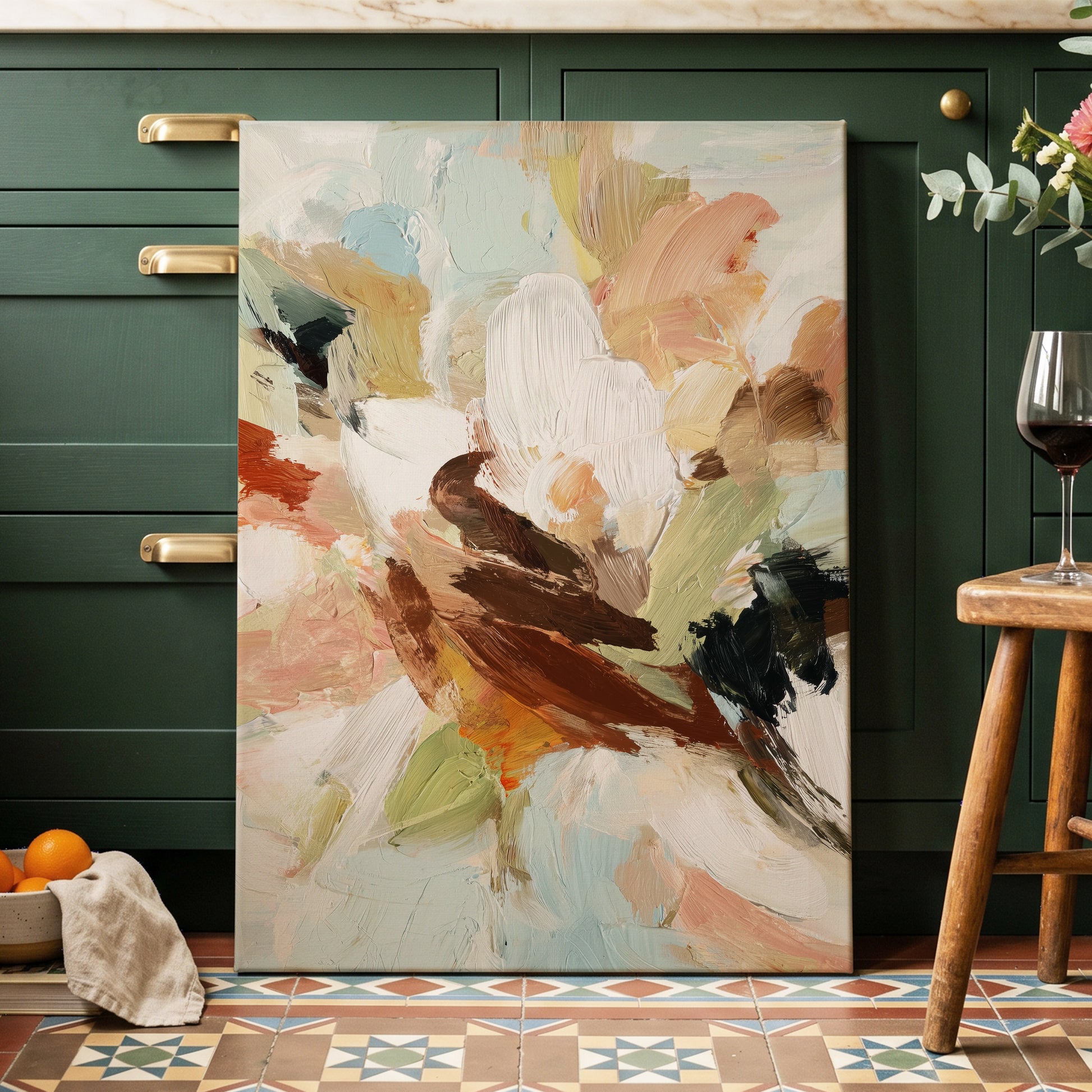 Quiet Collision, white, beige, brown abstract wall art displayed in a styled interior, gallery view 3