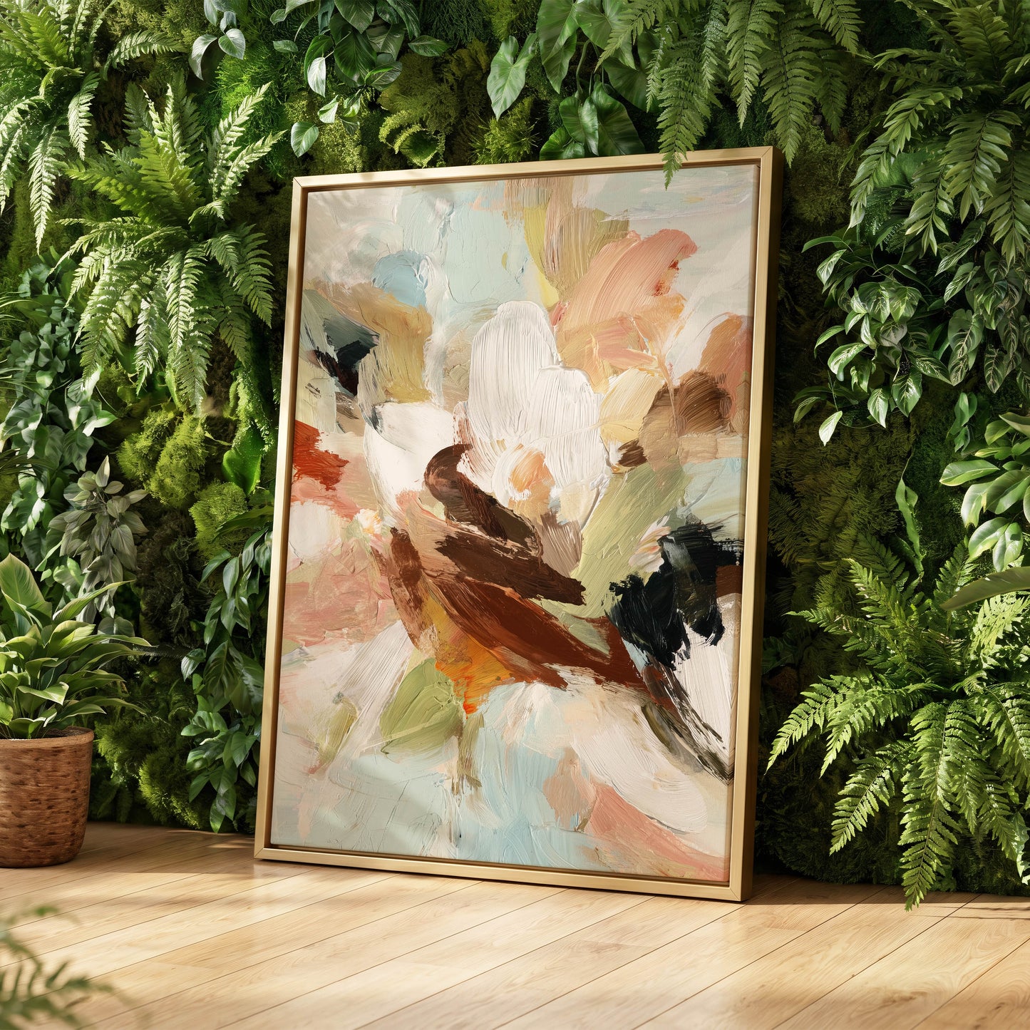 Quiet Collision, white, beige, brown abstract wall art displayed in a styled interior, gallery view 4