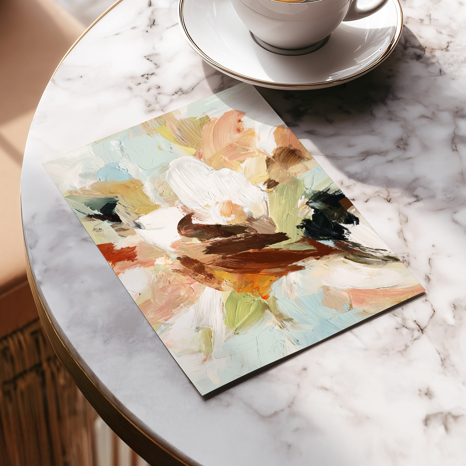 Quiet Collision, white, beige, brown abstract wall art displayed in a styled interior, gallery view 5