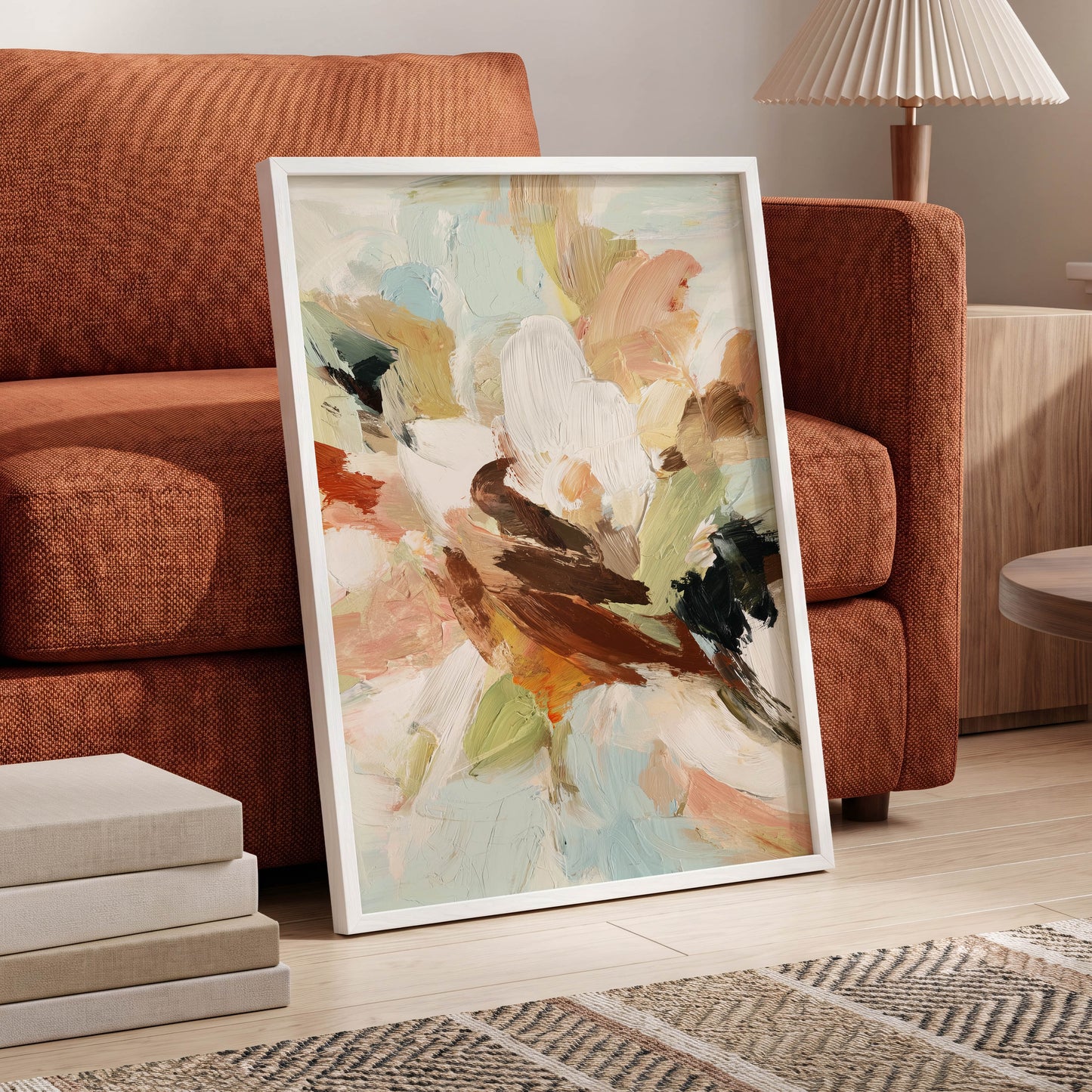 Quiet Collision, white, beige, brown abstract wall art displayed in a styled interior, gallery view 6
