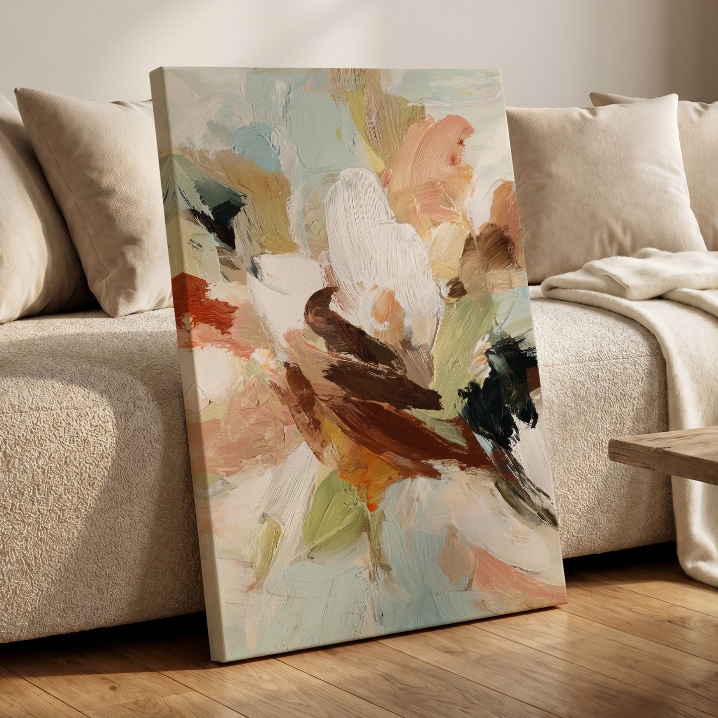 Quiet Collision, white, beige, brown abstract wall art displayed in a styled interior, gallery view 7