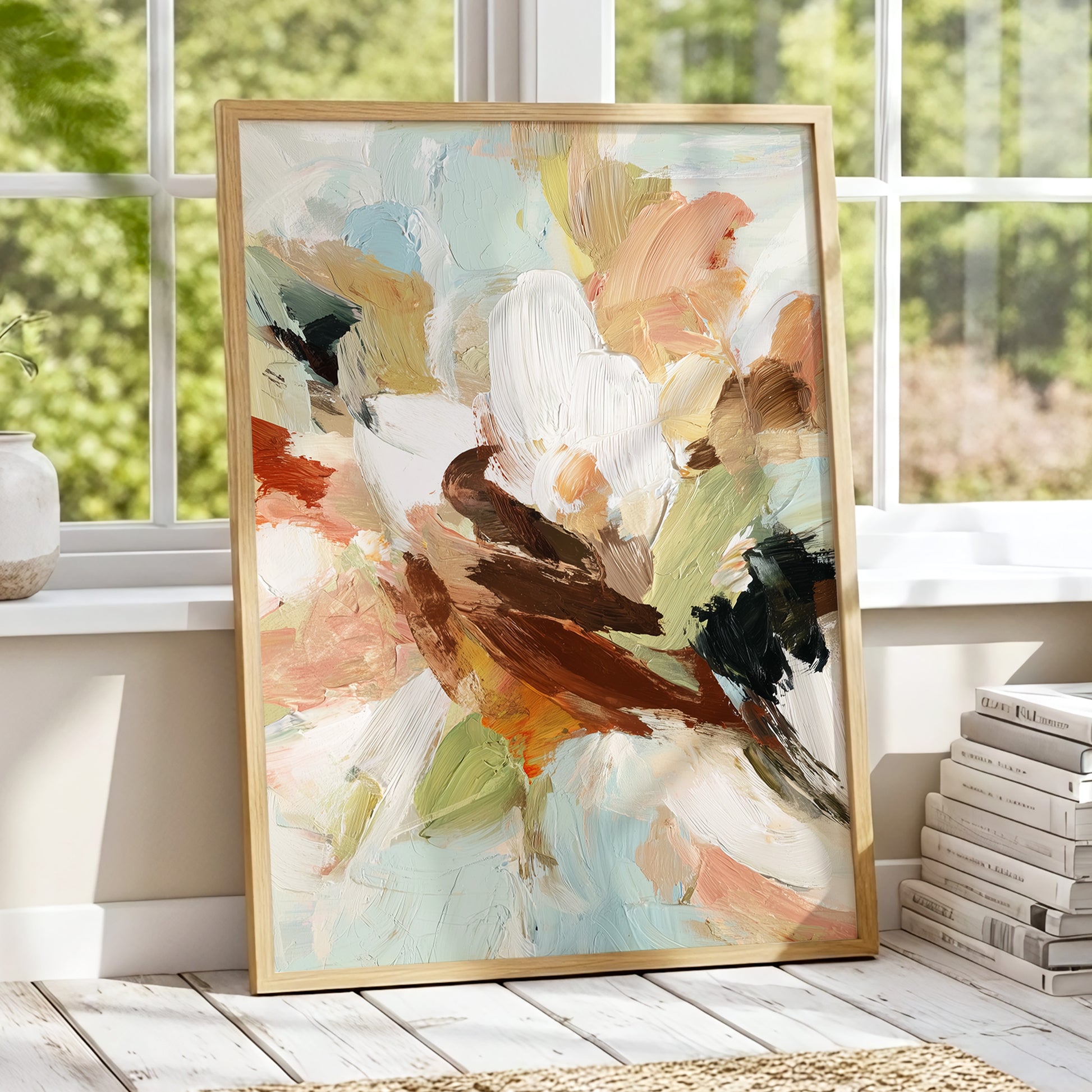 Quiet Collision, white, beige, brown abstract wall art displayed in a styled interior, gallery view 9
