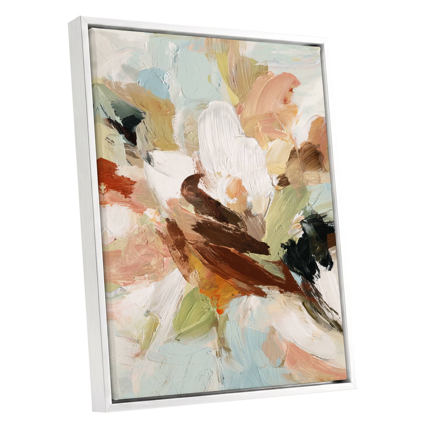 Quiet Collision, white, beige, brown abstract wall art shown as a white framed canvas wall art