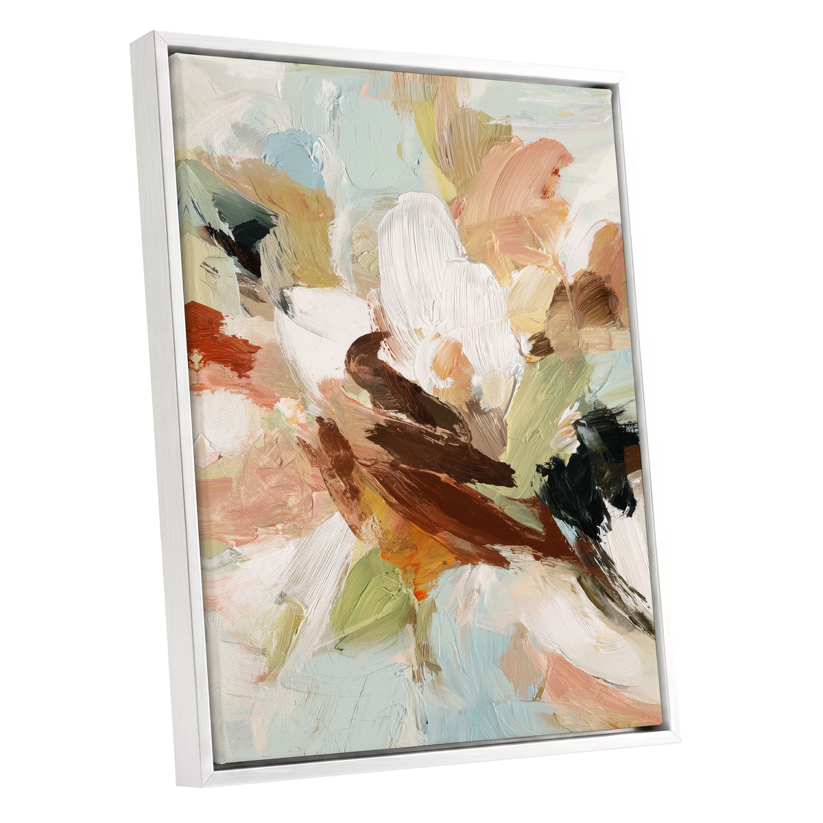 Quiet Collision, white, beige, brown abstract wall art shown as a white framed canvas wall art