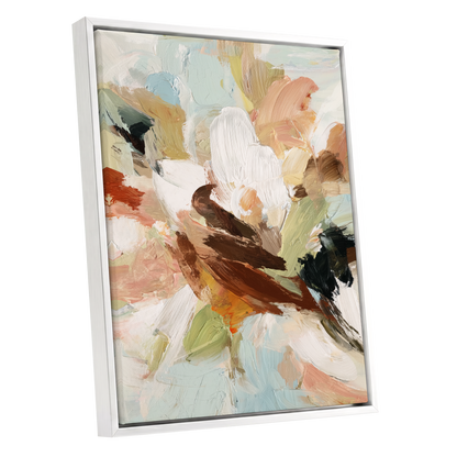 Quiet Collision, white, beige, brown abstract wall art shown as a white framed canvas wall art