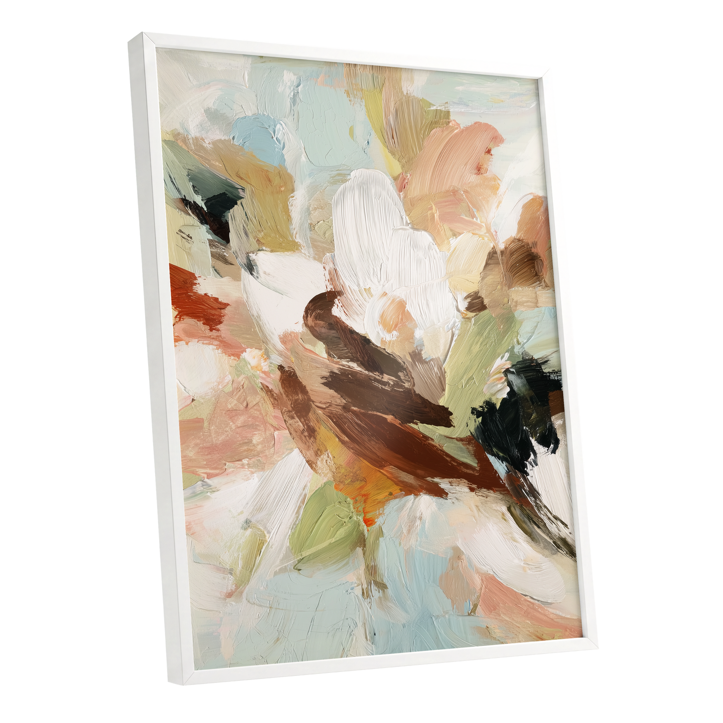 Quiet Collision, white, beige, brown abstract wall art shown as a white framed poster wall art print