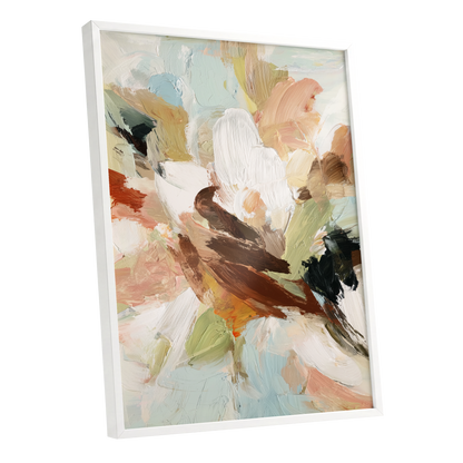 Quiet Collision, white, beige, brown abstract wall art shown as a white framed poster wall art print