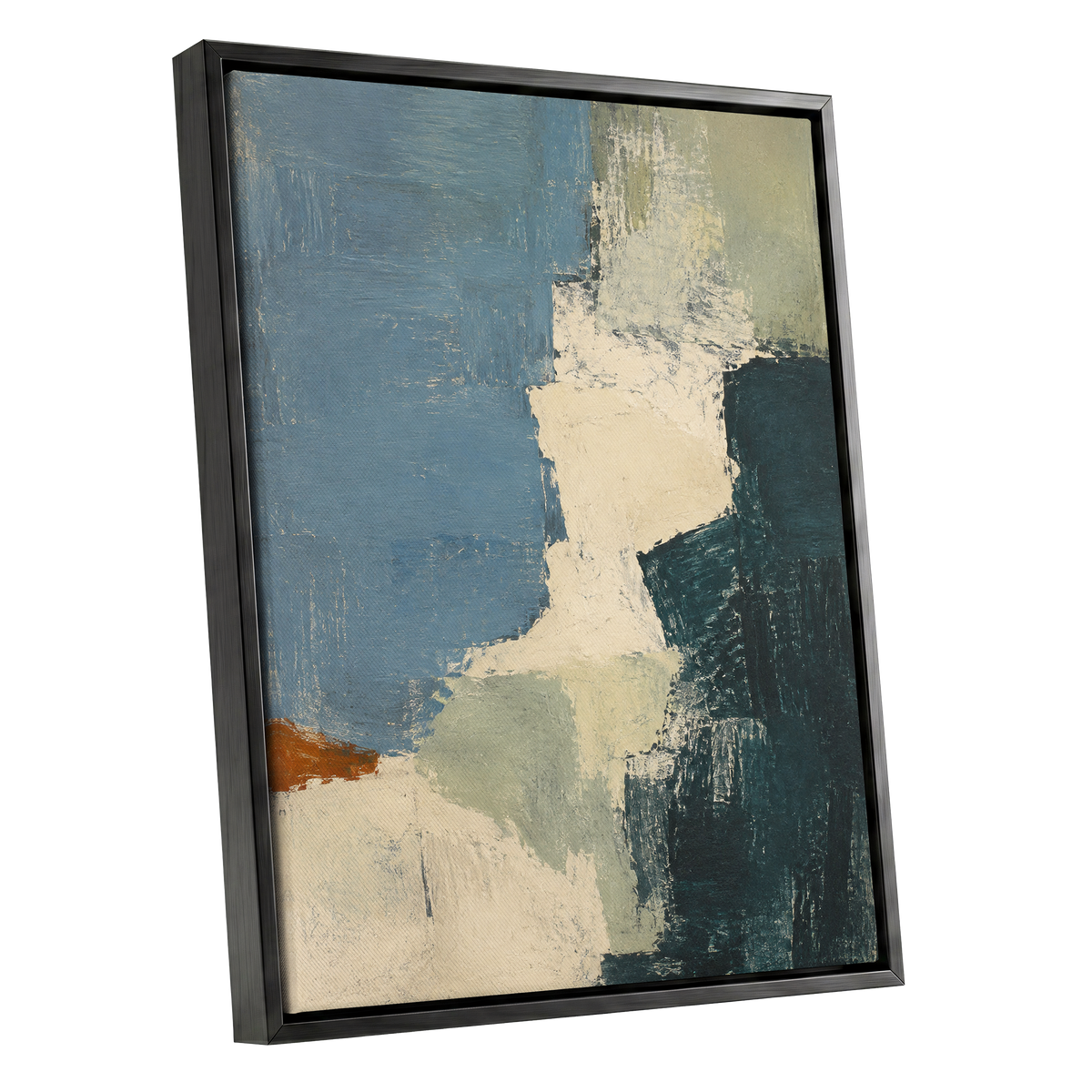 Quiet Colourfields, blue, green, beige abstract wall art shown as a black framed canvas wall art
