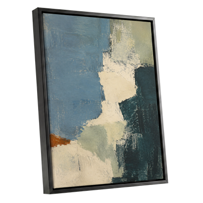 Quiet Colourfields, blue, green, beige abstract wall art shown as a black framed canvas wall art