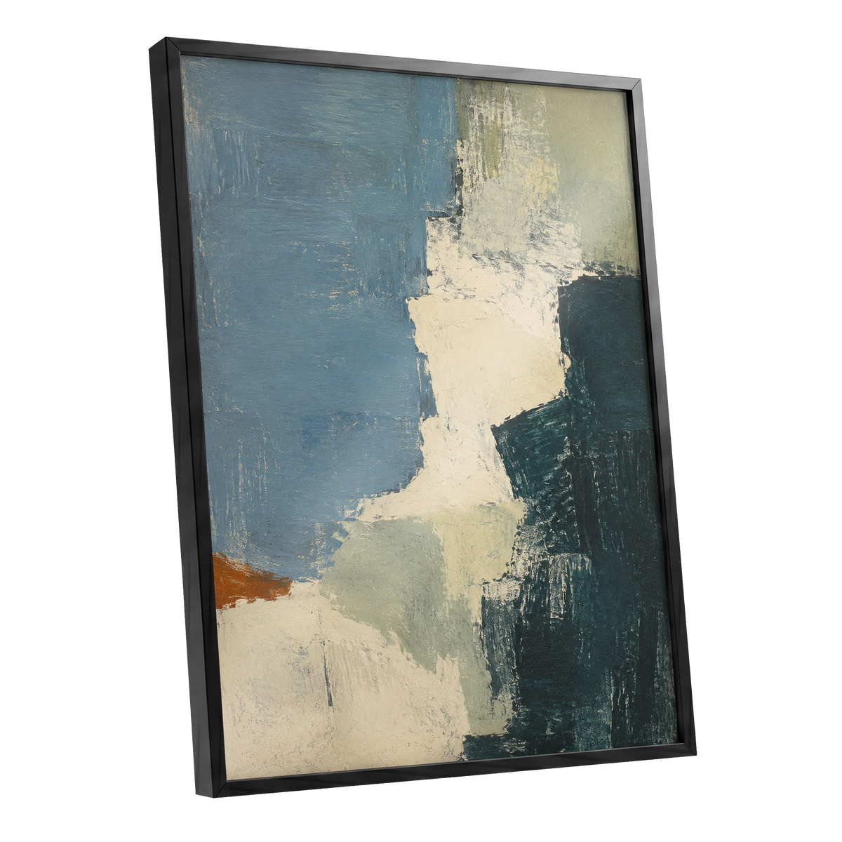 Quiet Colourfields, blue, green, beige abstract wall art shown as a black framed poster wall art print