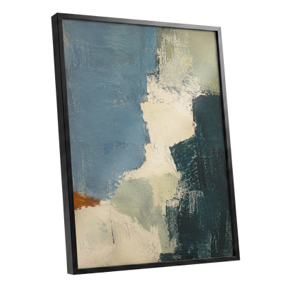 Quiet Colourfields, blue, green, beige abstract wall art shown as a black framed poster wall art print
