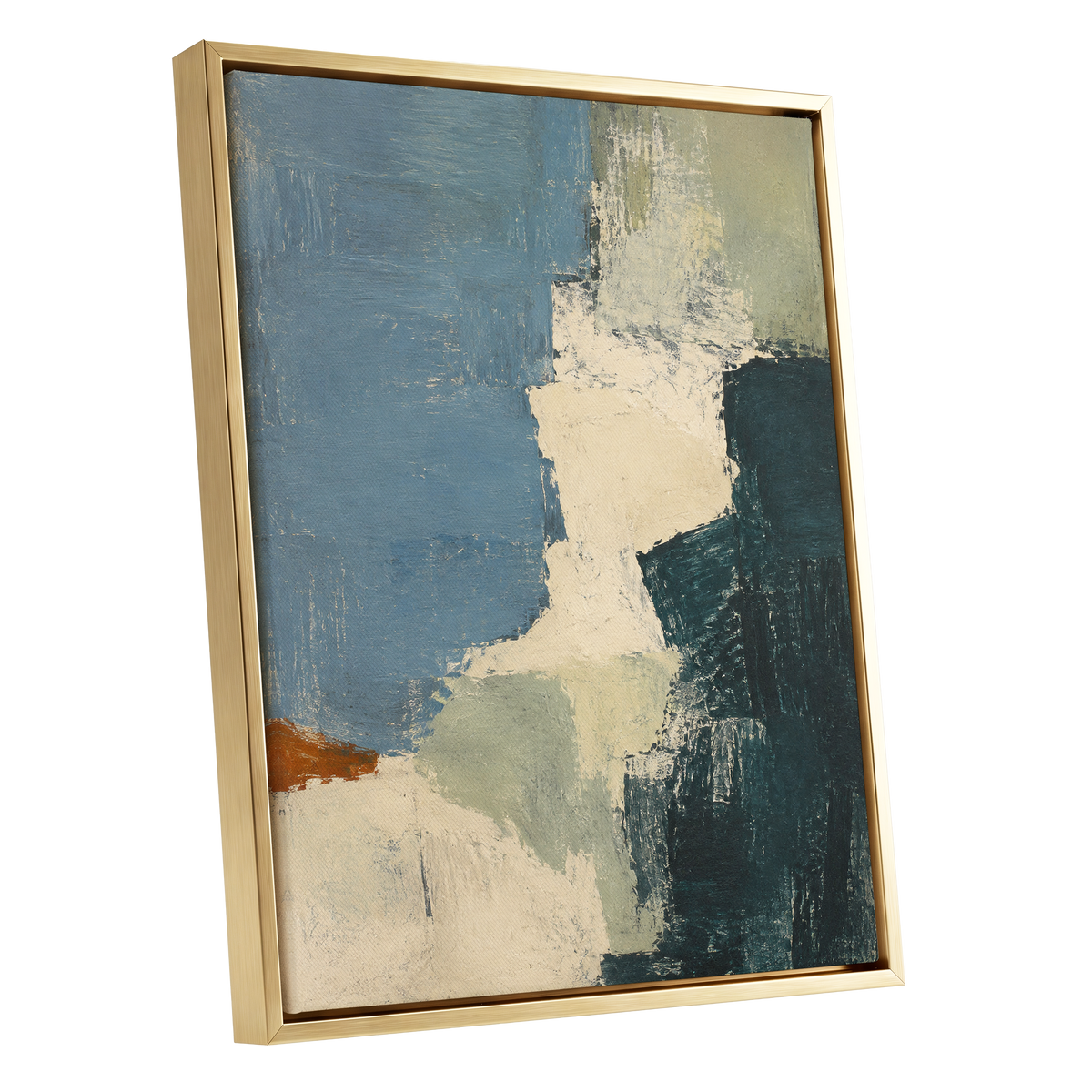 Quiet Colourfields, blue, green, beige abstract wall art shown as a gold framed canvas wall art