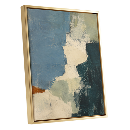 Quiet Colourfields, blue, green, beige abstract wall art shown as a gold framed canvas wall art
