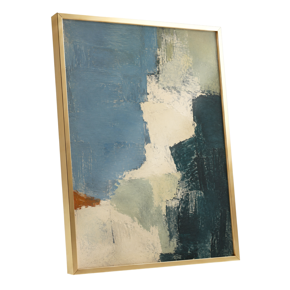 Quiet Colourfields, blue, green, beige abstract wall art shown as a gold framed poster wall art print