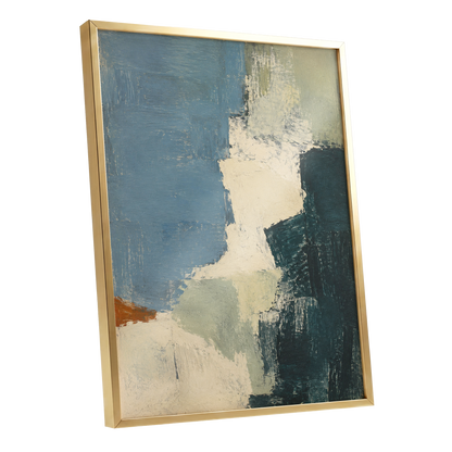 Quiet Colourfields, blue, green, beige abstract wall art shown as a gold framed poster wall art print