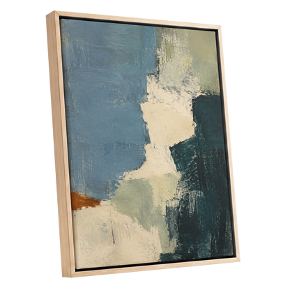 Quiet Colourfields, blue, green, beige abstract wall art shown as a oak framed canvas wall art